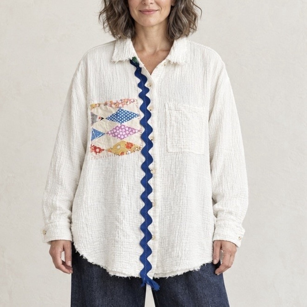 Colorful Patchwork White Applique L Shirt Shacket Boho Upcycled Art To Wear